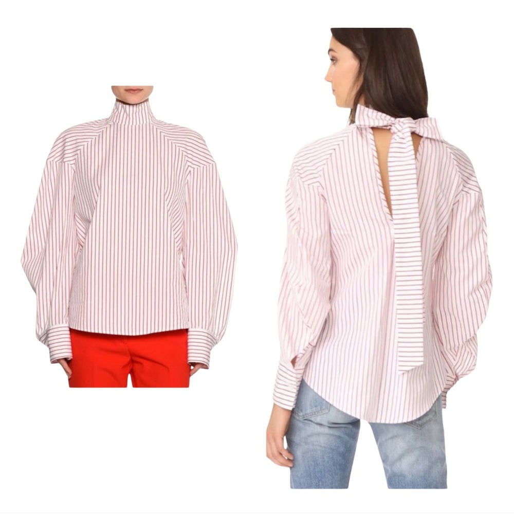 MSGM Milano Striped Poplin Cotton Back Bow Blouse